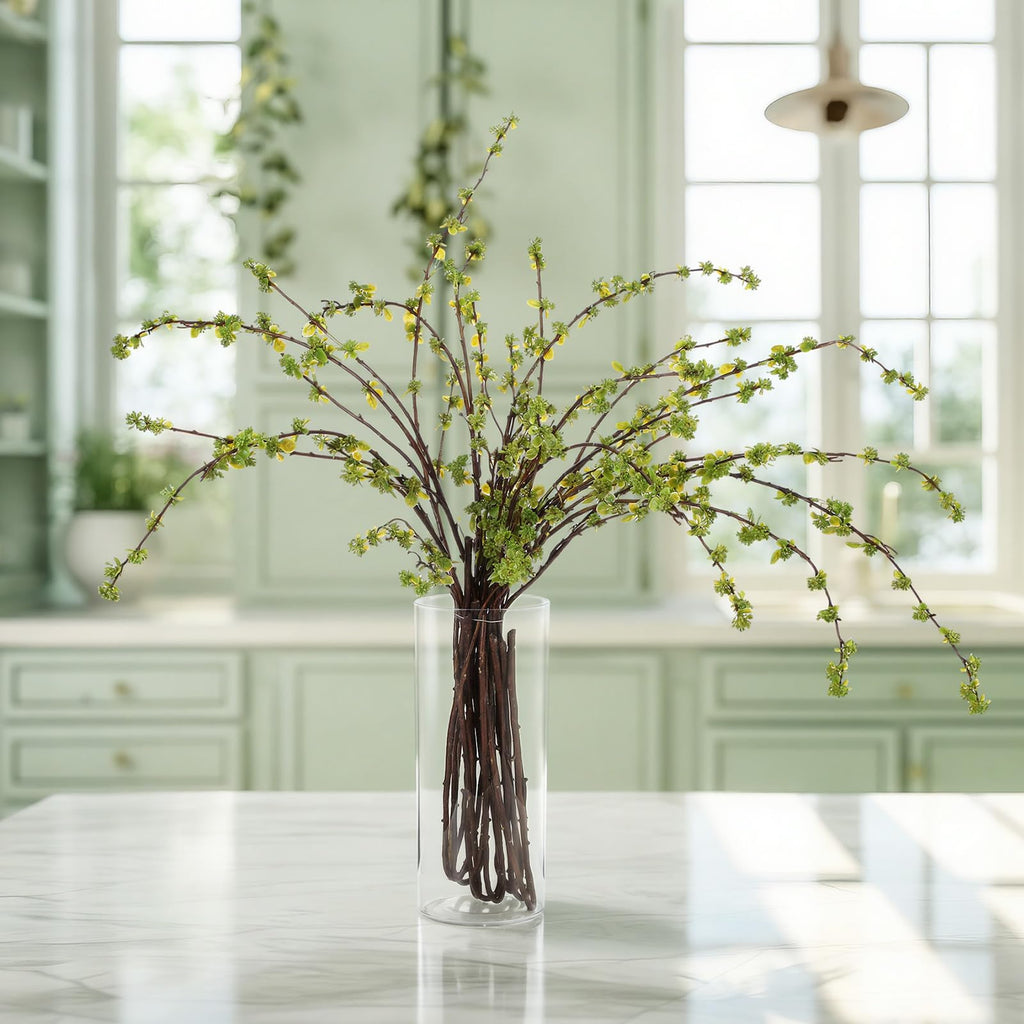 Zeyune 6 Pcs Artificial Branches with Green Buds 40" Evergreen Faux Plastic Plant Stem Picks Sprigs for Vase DIY Home Office Wedding Party Indoor and Outdoor Spring Decor, No Vase (Regular Style)