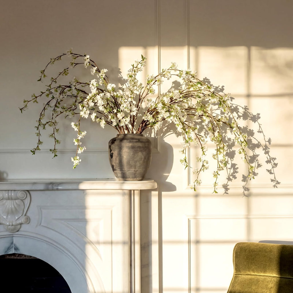 6 Pcs Artificial Cherry Blossom Branches with Green Buds 40" Spring Evergreen Faux Stem Plastic Plant Stem Picks Sprigs for Tall Vase DIY, Modern Home Table Wedding Indoor and Outdoor Decor