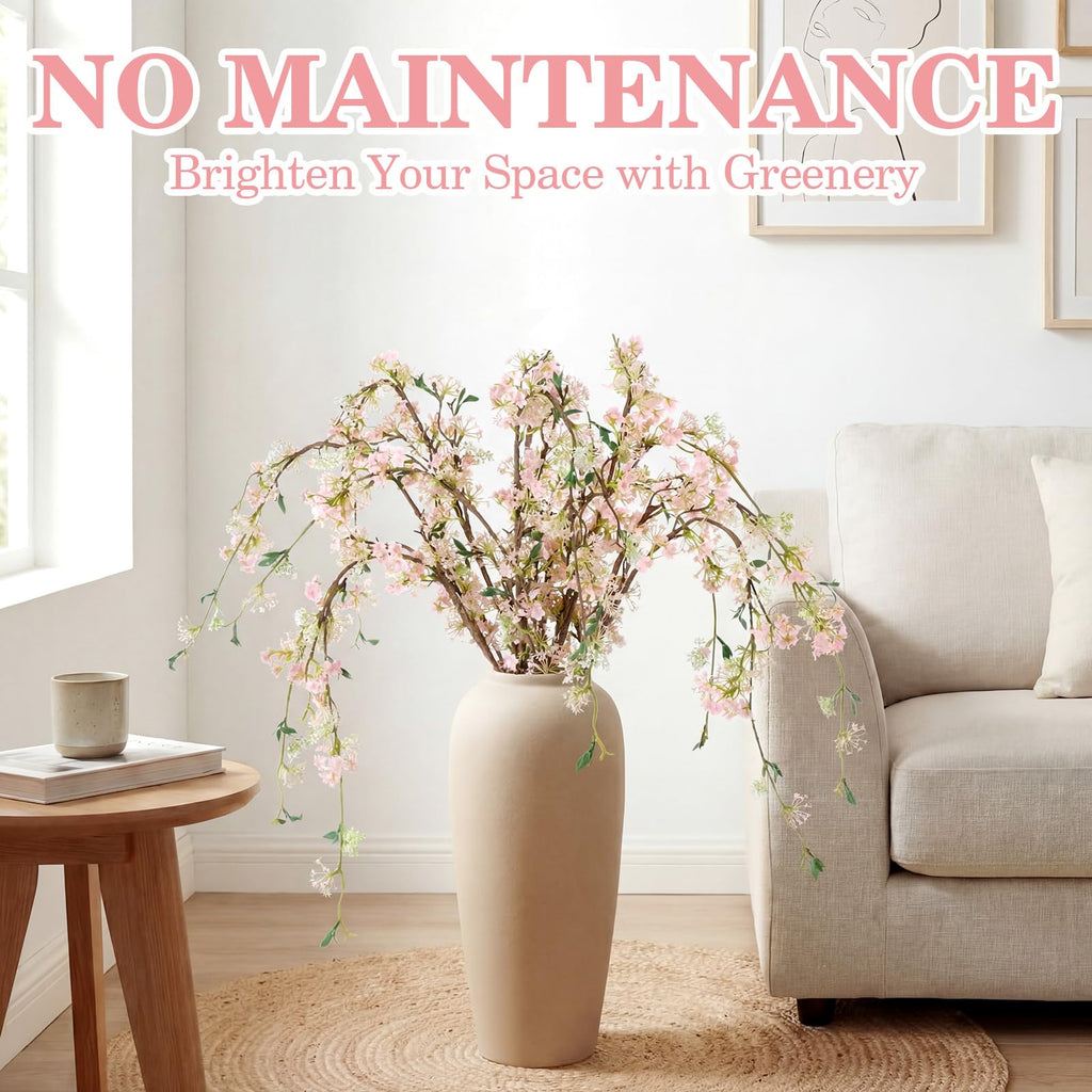 Blossom 6 Pcs Artificial Cherry Blossom Branches with Green Buds 40" Spring Evergreen Faux Stem Plastic Plant Stem Picks Sprigs for Tall Vase DIY, Modern Home Table Wedding Indoor and Outdoor Decor