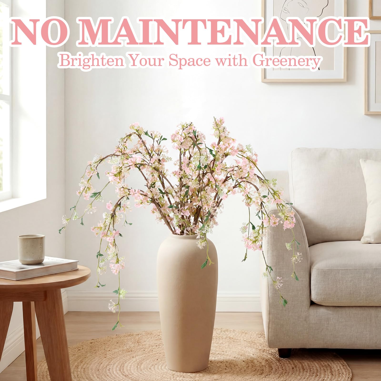 Blossom 6 Pcs Artificial Cherry Blossom Branches with Green Buds 40" Spring Evergreen Faux Stem Plastic Plant Stem Picks Sprigs for Tall Vase DIY, Modern Home Table Wedding Indoor and Outdoor Decor