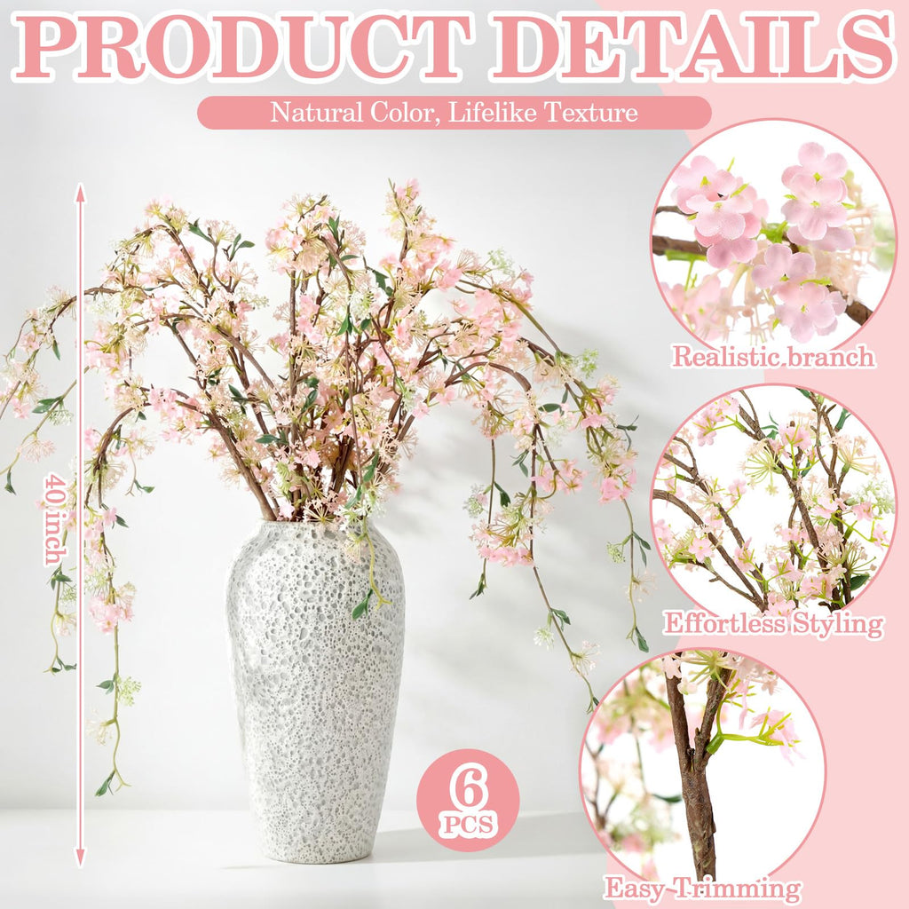 Blossom 6 Pcs Artificial Cherry Blossom Branches with Green Buds 40" Spring Evergreen Faux Stem Plastic Plant Stem Picks Sprigs for Tall Vase DIY, Modern Home Table Wedding Indoor and Outdoor Decor