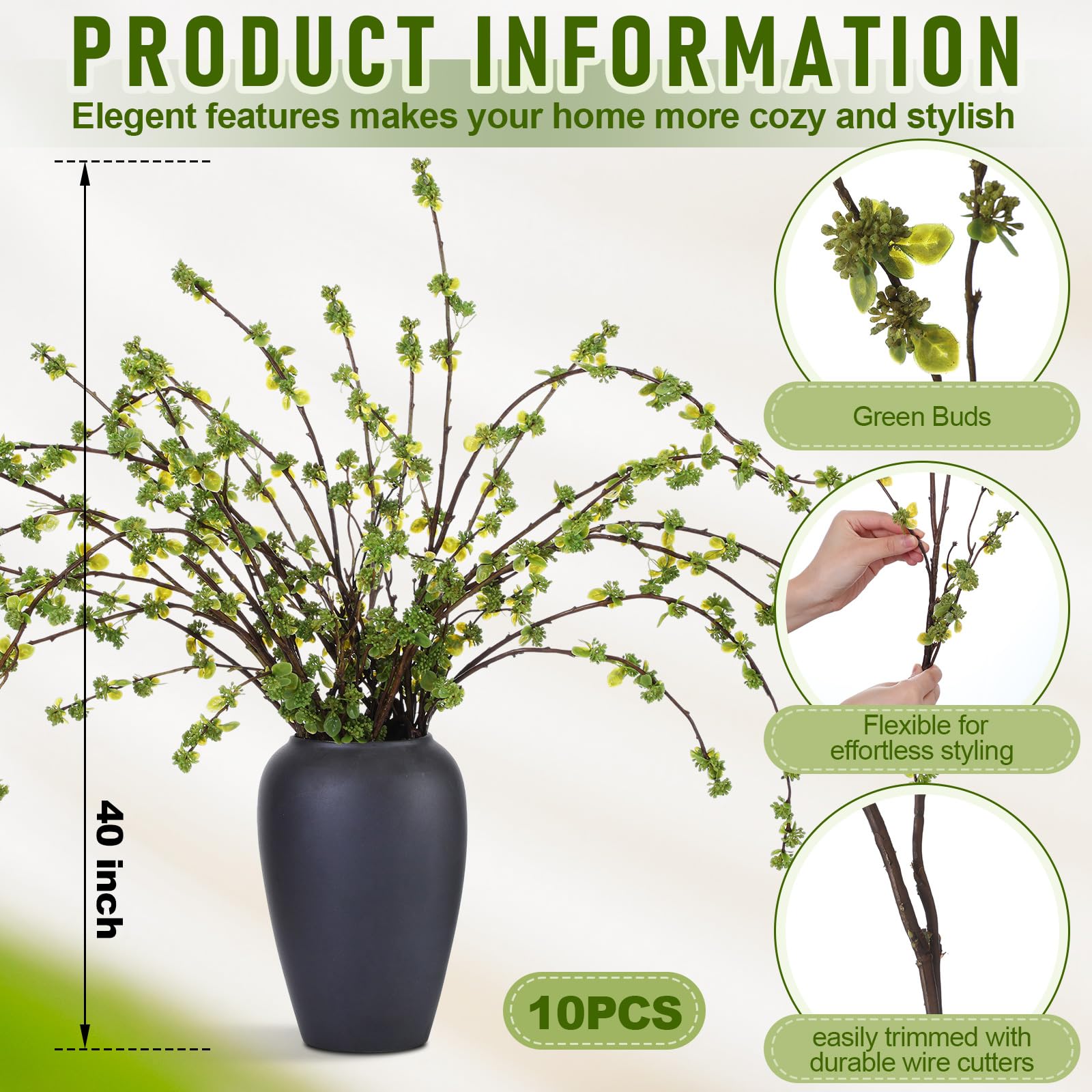Zeyune 6 Pcs Artificial Branches with Green Buds 40" Evergreen Faux Plastic Plant Stem Picks Sprigs for Vase DIY Home Office Wedding Party Indoor and Outdoor Spring Decor, No Vase (Regular Style)