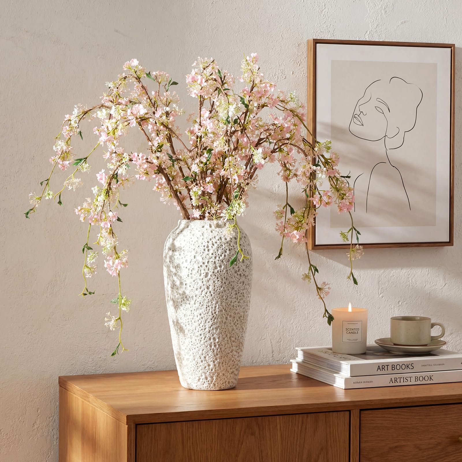 Blossom 6 Pcs Artificial Cherry Blossom Branches with Green Buds 40" Spring Evergreen Faux Stem Plastic Plant Stem Picks Sprigs for Tall Vase DIY, Modern Home Table Wedding Indoor and Outdoor Decor