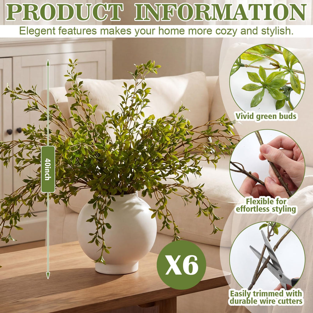 White Blossom 6 Pcs Artificial Cherry Blossom Branches with Green Buds 40" Spring Evergreen Faux Stem Plastic Plant Stem Picks Sprigs for Tall Vase DIY, Modern Home Table Wedding Indoor and Outdoor Decor (Copy)