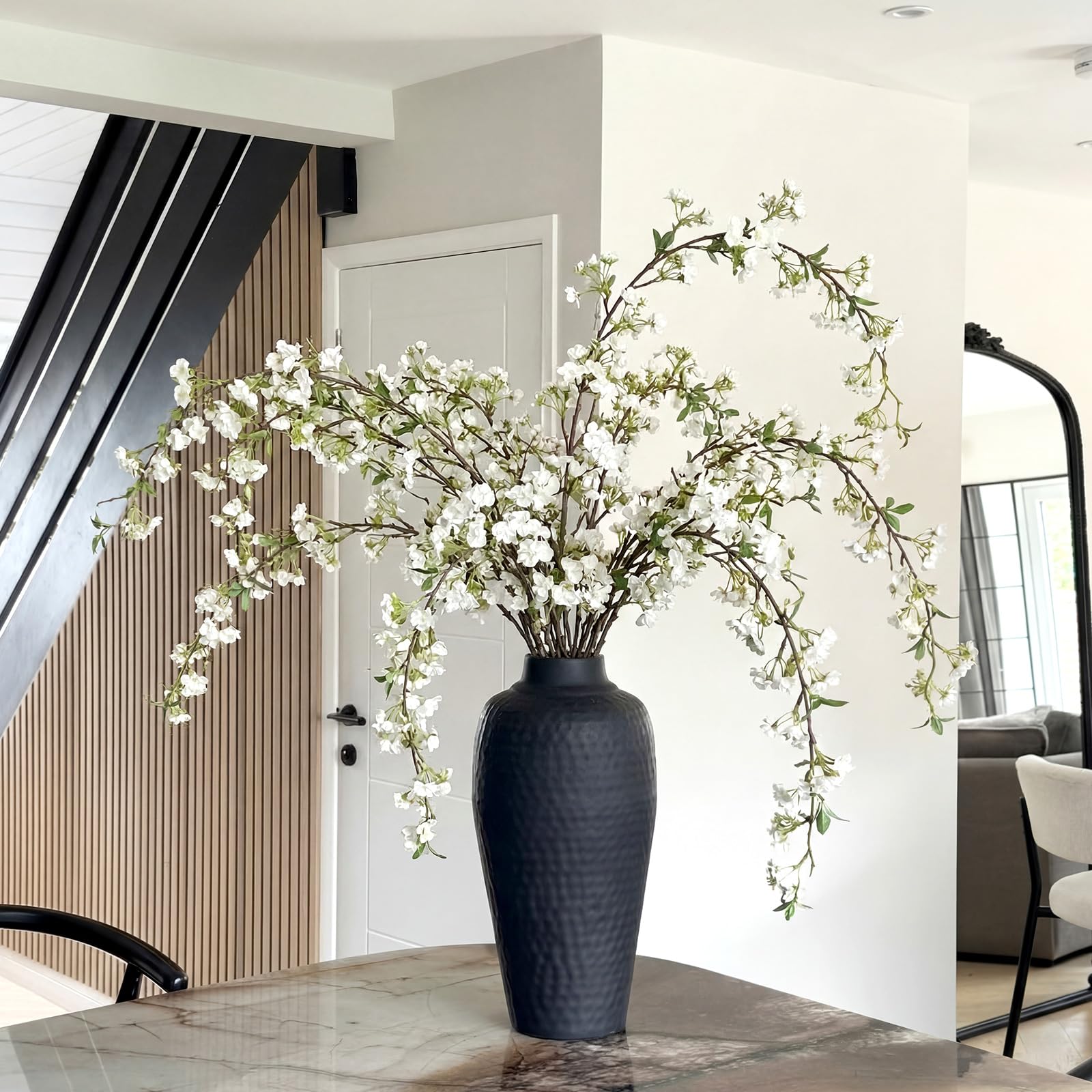 6 Pcs Artificial Cherry Blossom Branches with Green Buds 40" Spring Evergreen Faux Stem Plastic Plant Stem Picks Sprigs for Tall Vase DIY, Modern Home Table Wedding Indoor and Outdoor Decor