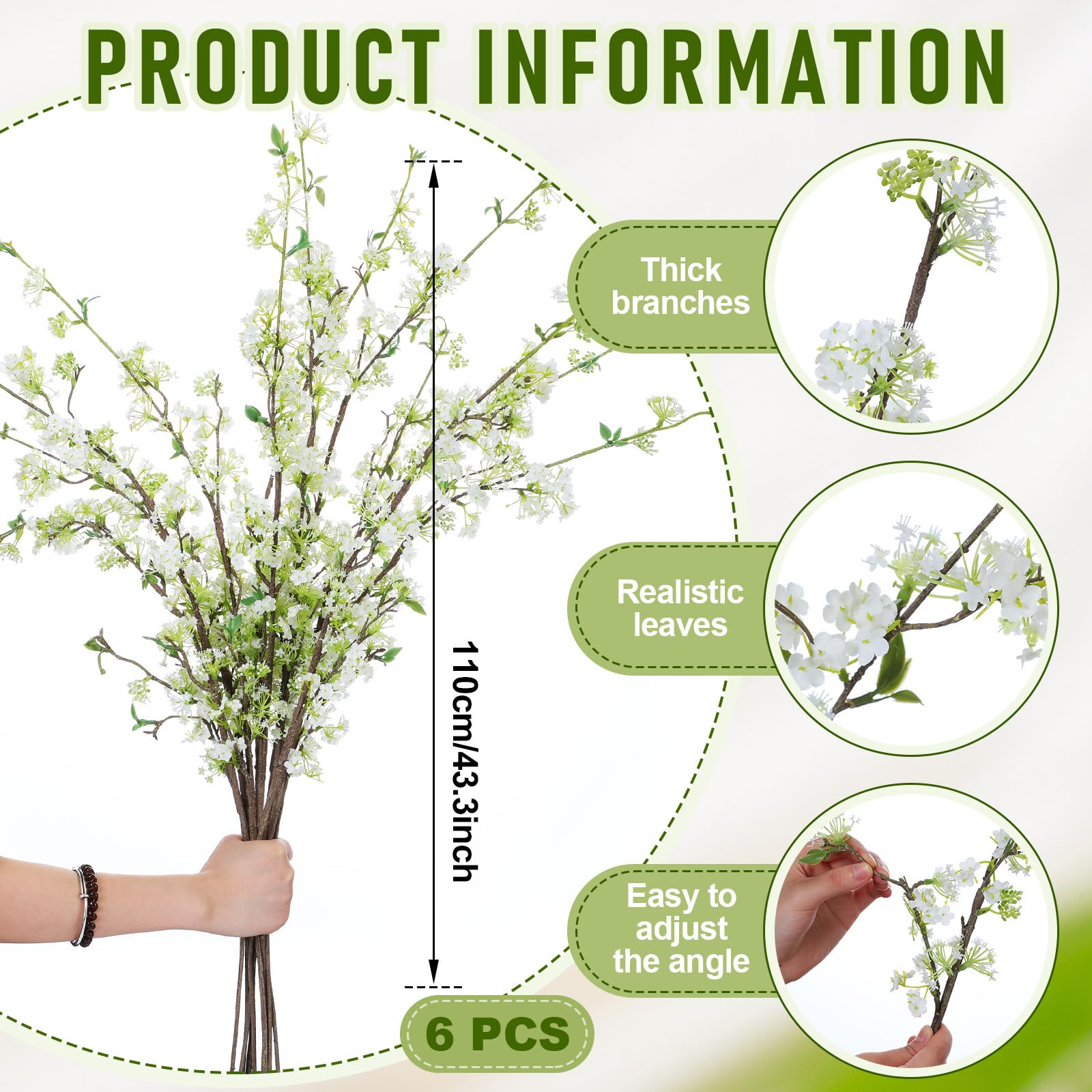 6 Pcs Artificial Cherry Blossom Branches with Green Buds 40" Spring Evergreen Faux Stem Plastic Plant Stem Picks Sprigs for Tall Vase DIY, Modern Home Table Wedding Indoor and Outdoor Decor