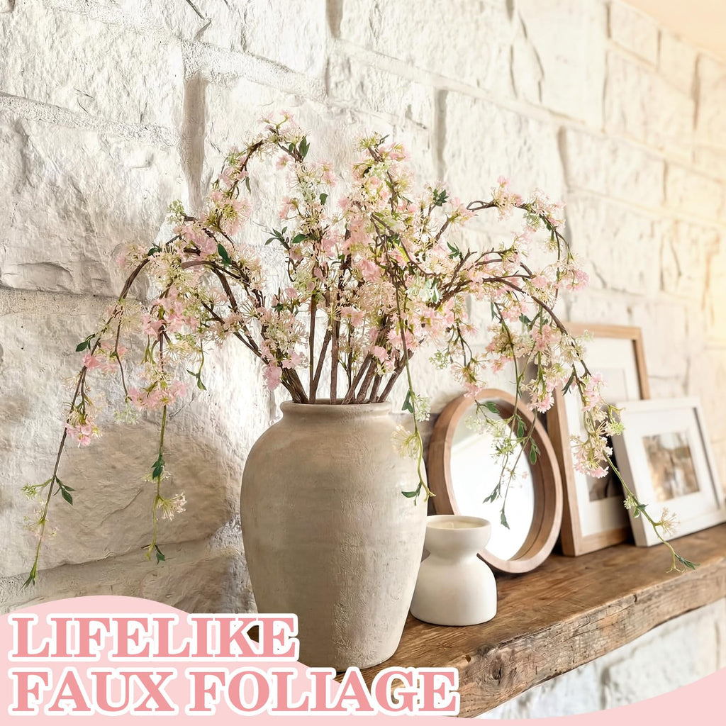 Blossom 6 Pcs Artificial Cherry Blossom Branches with Green Buds 40" Spring Evergreen Faux Stem Plastic Plant Stem Picks Sprigs for Tall Vase DIY, Modern Home Table Wedding Indoor and Outdoor Decor