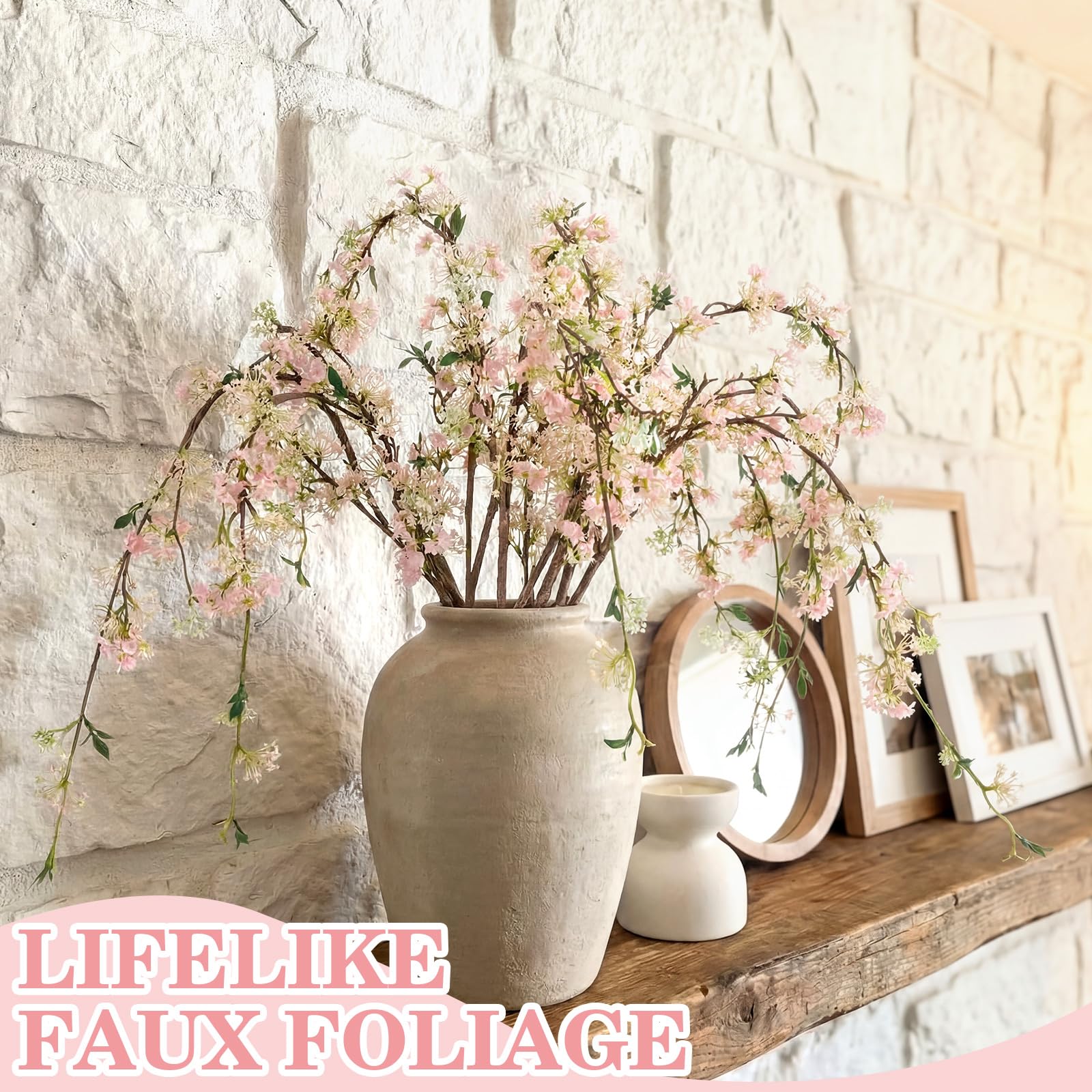 Blossom 6 Pcs Artificial Cherry Blossom Branches with Green Buds 40" Spring Evergreen Faux Stem Plastic Plant Stem Picks Sprigs for Tall Vase DIY, Modern Home Table Wedding Indoor and Outdoor Decor