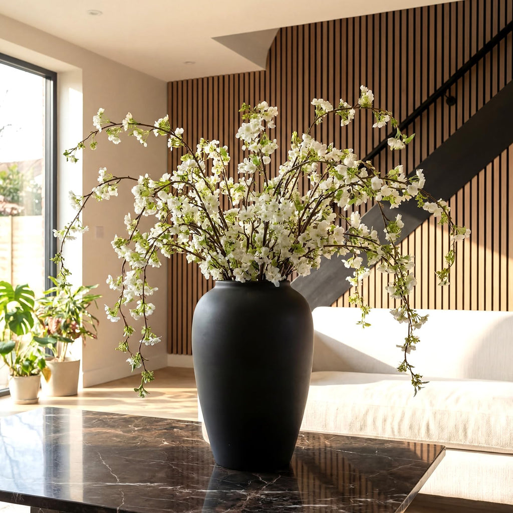 6 Pcs Artificial Cherry Blossom Branches with Green Buds 40" Spring Evergreen Faux Stem Plastic Plant Stem Picks Sprigs for Tall Vase DIY, Modern Home Table Wedding Indoor and Outdoor Decor