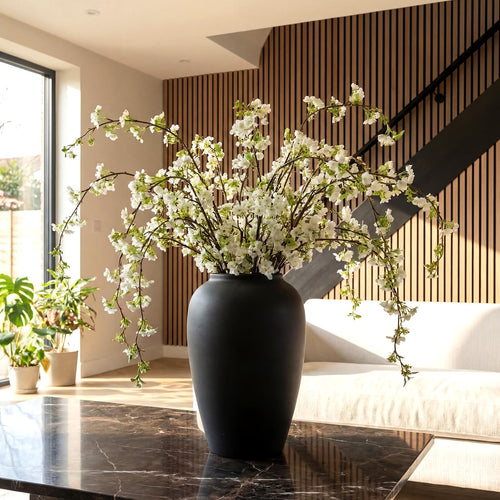 6 Pcs Artificial Cherry Blossom Branches with Green Buds 40" Spring Evergreen Faux Stem Plastic Plant Stem Picks Sprigs for Tall Vase DIY, Modern Home Table Wedding Indoor and Outdoor Decor