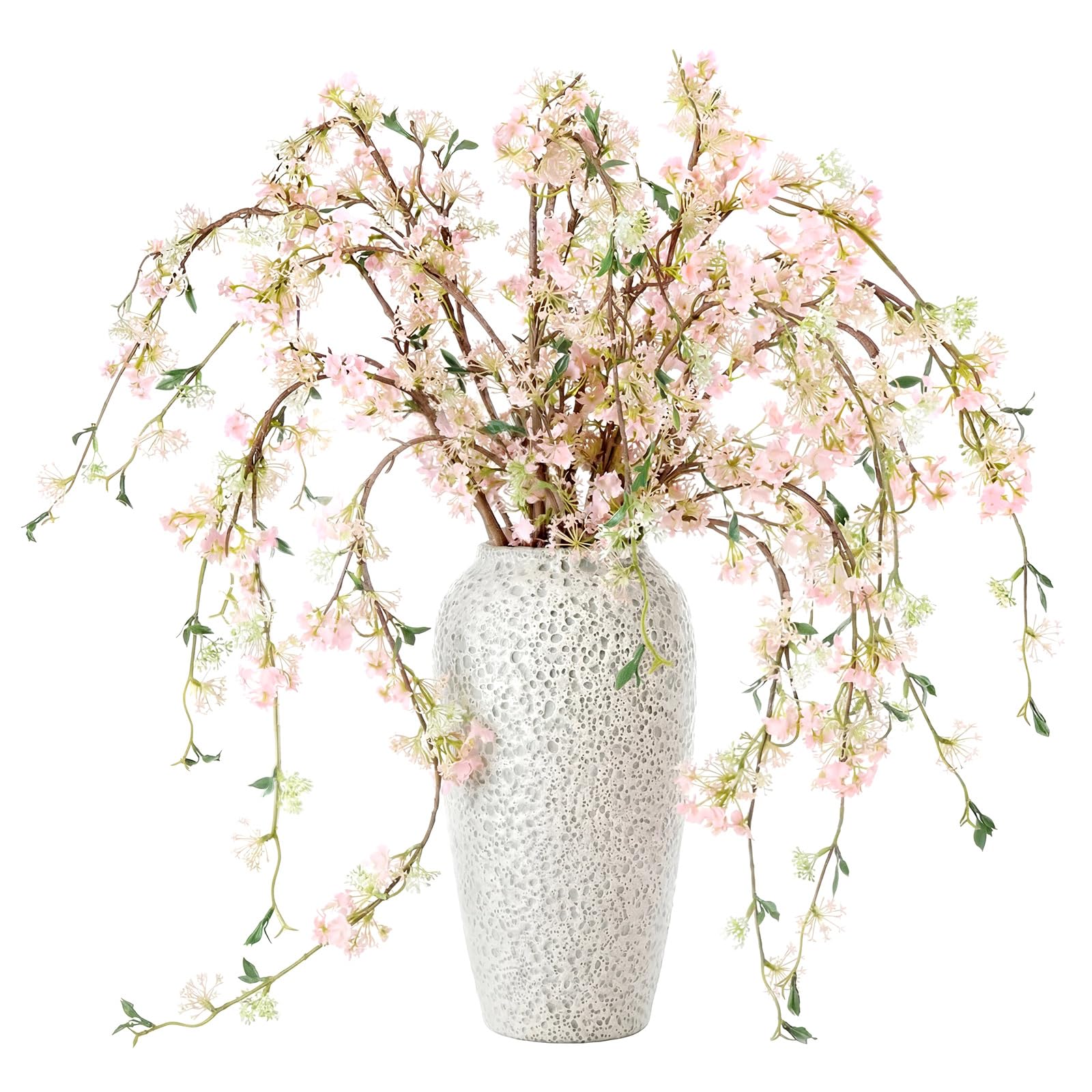 Blossom 6 Pcs Artificial Cherry Blossom Branches with Green Buds 40" Spring Evergreen Faux Stem Plastic Plant Stem Picks Sprigs for Tall Vase DIY, Modern Home Table Wedding Indoor and Outdoor Decor
